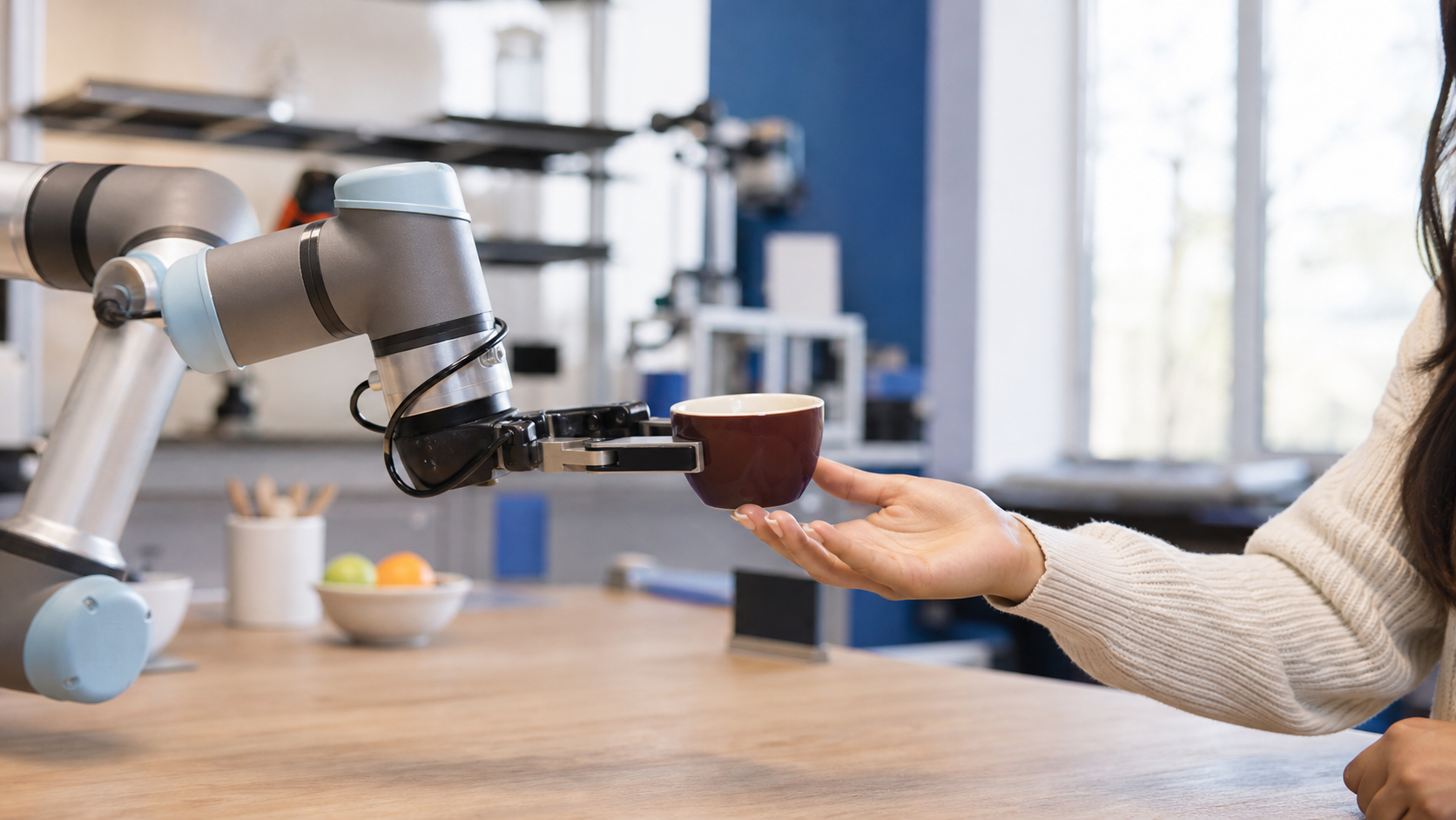 Robot handing a small object to a person