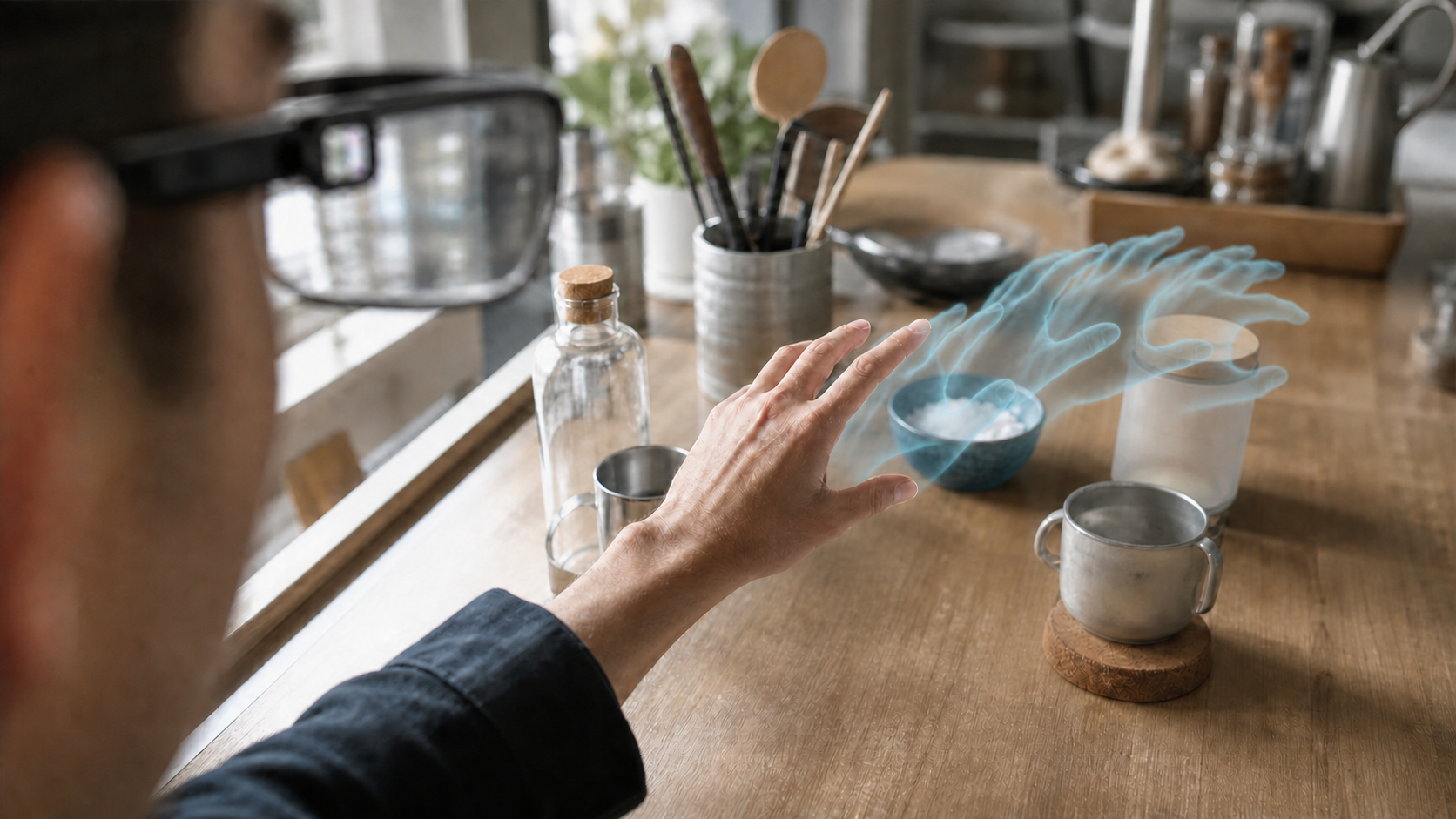 Smart glasses view with a sequence of translucent future hand-pose predictions reaching toward an object