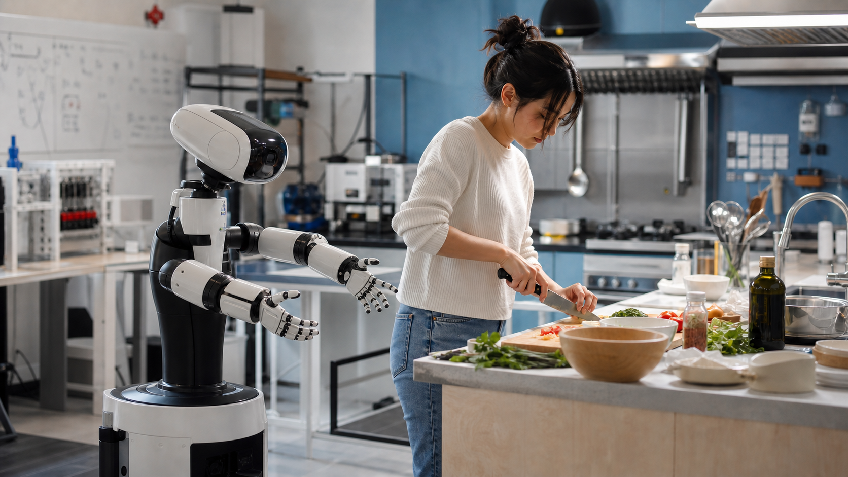 Dexterous robot with articulated hands observing a person preparing food in a lab kitchen